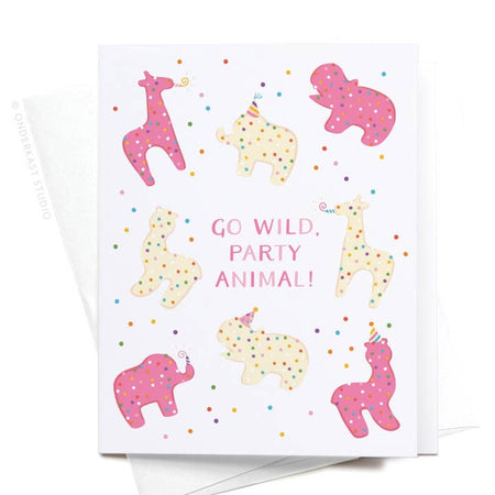 White card with pink text saying, “Go Wild Party Animal!” Images of yellow and pink frosted animal crackers with colored sprinkles on them. A white envelope is included.