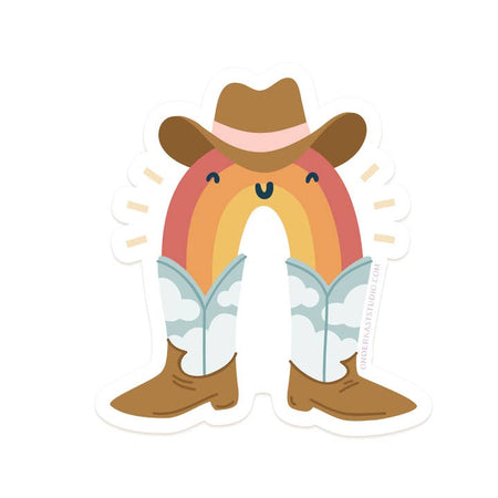 Sticker with image of a rainbow with a smiley face wearing cowboy boots and a brown cowboy hat.