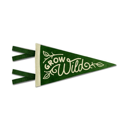 Green pennant with white text saying, “Grow Wild”. Images of leaves around the lettering.