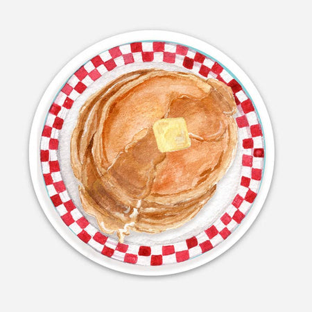 Sticker in the image of a red and white checked diner plate with a stack of pancakes with butter and maple syrup.