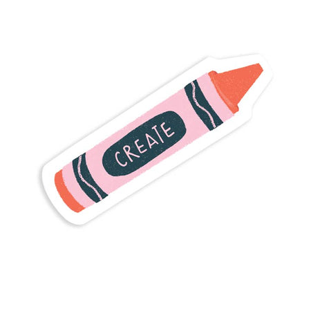Sticker in the image of a red and pink crayon with a black label. Pink text on label saying, “Create”.