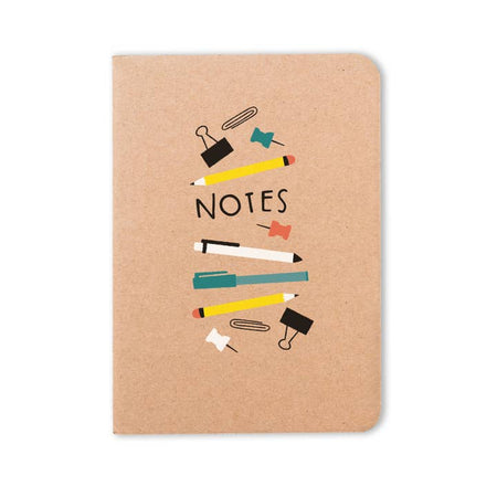 Brown kraft paper notebook with black text saying, “NOTES”. Images of desk supplies such as paper clips, pens, pencils, binder clips and push pins.