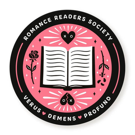 Circular sticker with pink backgruond and black border with image of an open book, rose stems, a black heart and a black broken heart. White text on border saying, 