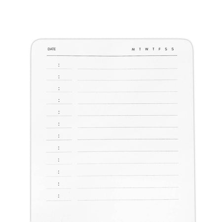 White page with field for date, M-S to indicate the day of the week, 12 blank time slots, blank notes space. Rounded corners.