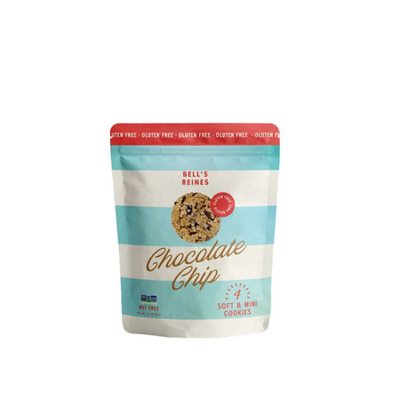 Chocolate Chip cookies packaged in a zip seal bag with blue and white horizontal stripes with red and gold text saying, “Bell’s Reines Gluten Free Chocolate Chip”.