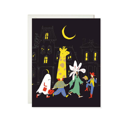 Black card with image of a haunted house in the background with children dressed in Halloween costumes walking in front; a ghost, a giraffe; a flower and a cowboy. A white envelope is included.