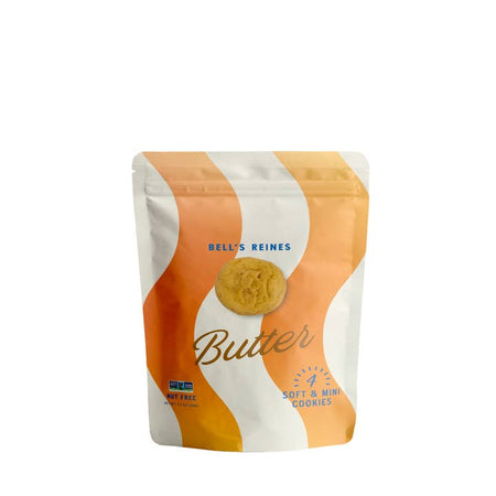 Sugar cookies packaged in a zip seal bag with orange and white curvy vertical stripes with blue and gold text saying, “Bell’s Reines Butter”.