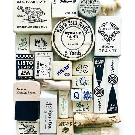 Art print with white background and images of various types of vintage black and white erasers.