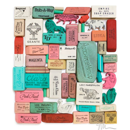 Art print with white background and images of various types of vintage colored erasers.