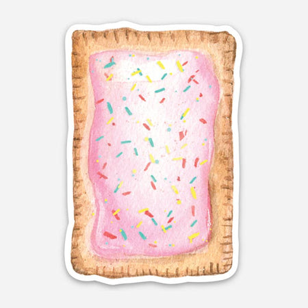 Sticker in the image of a rectangle toaster pastry treat with pink icing and colored sprinkles.