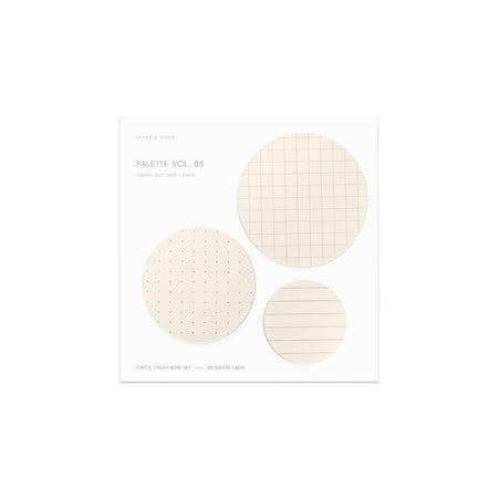 Circle sticky notes in ivory color. Three varieties: dot grid, lined, graph.