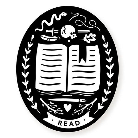 Black oval sticker with image of a white open book, white skull, sword, leaves, white heart and white snake. Black text saying, 