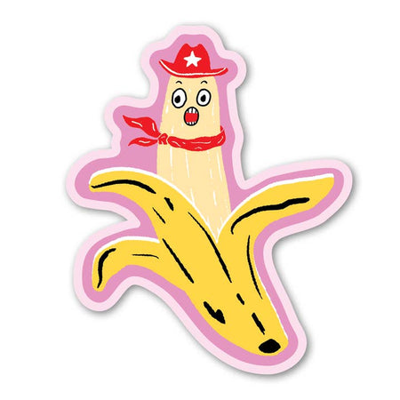 Pink background sticker with image of a yellow banana wearing a red cowboy hat and red bandana.