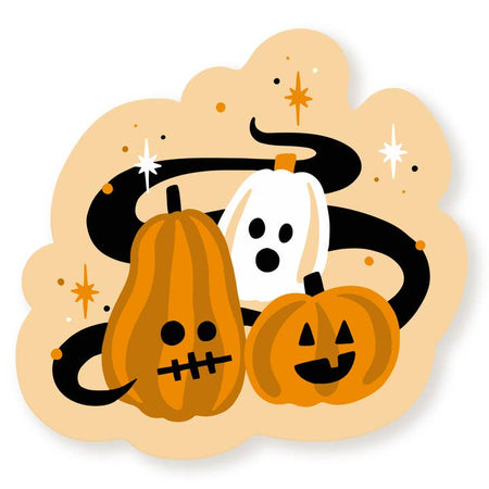 Tan sticker with image of two orange pumpkins and one white pumpkin in the shape of a ghost. White and orange stars in background.