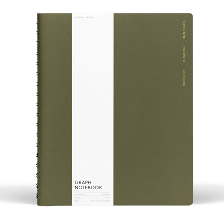 Notebook in olive green color with coil spine on left side.