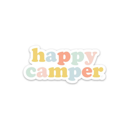 White sticker with pastel rainbow letters saying, “Happy Camper”.