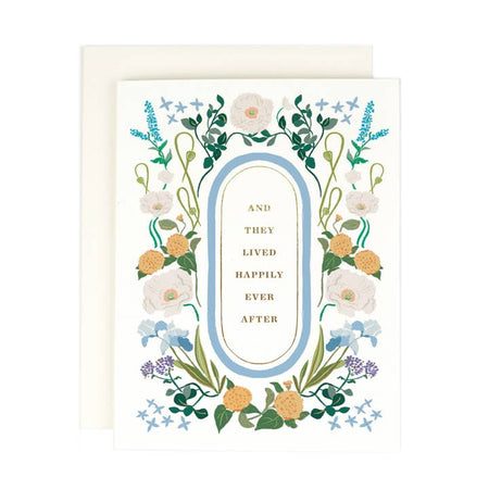 White card with floral border and blue oval design with gold foil text saying, 