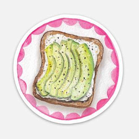 Sticker in the image of a pink and white dinner plate with a piece of avocado toast on it.