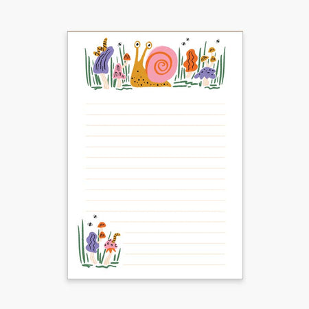 White lined notepad with images of a pink and yellow snail with various colored mushrooms.