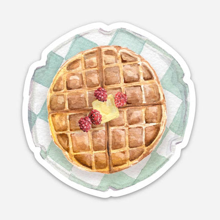 Sticker in the image of a green and white checkered dinner plate with waffles with butter and raspberries.