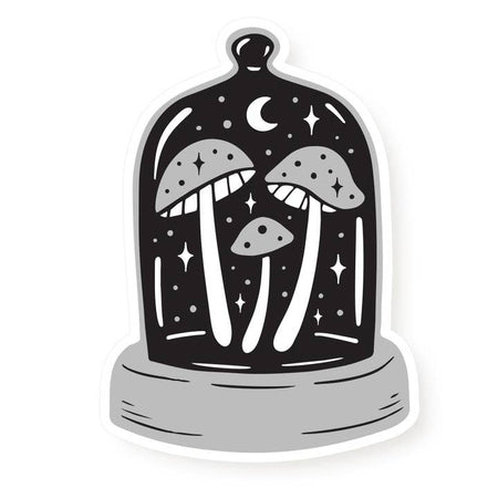 Sticker in the image of white mushrooms in a glass dome with black night background with white stars and moon.