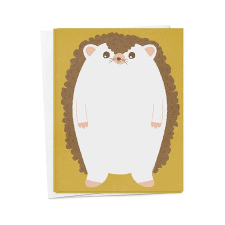 Mustard yellow background with brown and white hedgehog in center. White envelopes included