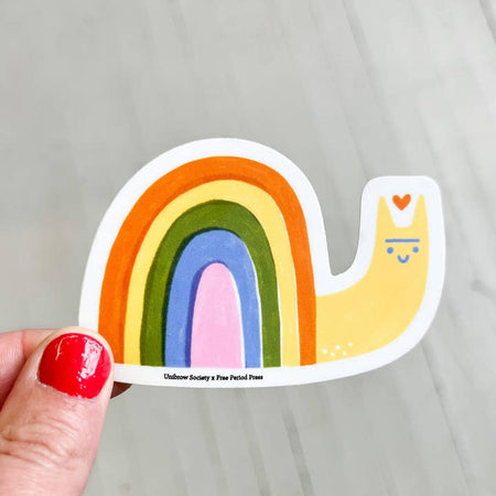 Sticker in the image of a yellow snail with a rainbow for a shell.