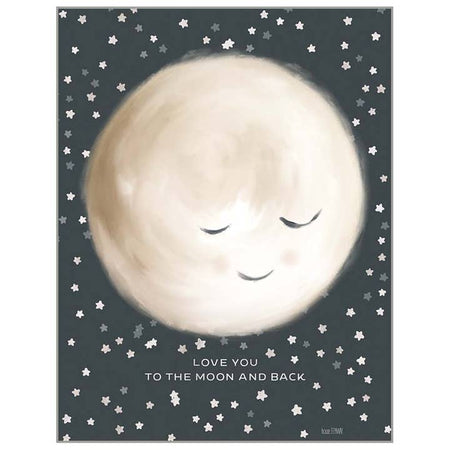 Gray card with image of a circular white moon with a happy face and white stars in the background. White text saying, “Love You to the Moon and Back”. A matching envelope is included.