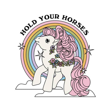 White sticker with black text saying, “Hold Your Horses”. Image of a circular rainbow and a white pony with a pink mane in center.