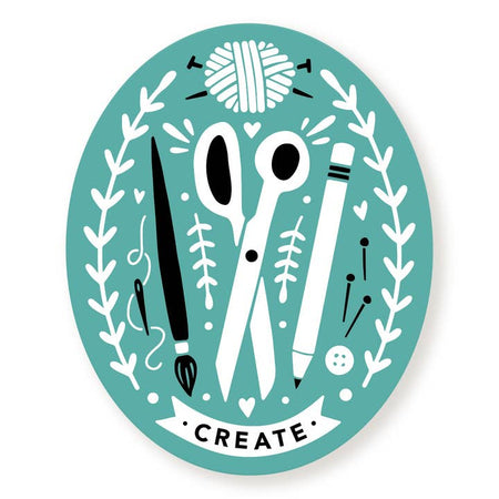 Teal oval sticker with images of a paintbrush, scissors, pencil, yarn with needles, buttons and push pins. Black text saying, 