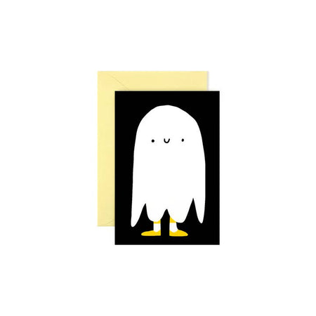 Black card with image of a small white ghost wearing yellow shoes. A yellow envelope is included.