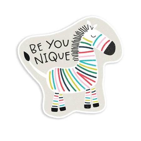 Sticker in the image of a zebra with colorful stripes and black text saying, “Be You Nique”.