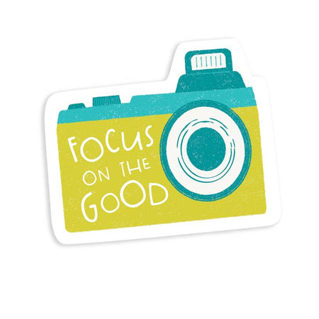 Sticker in the image of a lime green and blue flash camera.