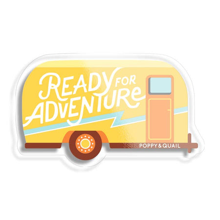 Sticker with image of a yellow vintage camper trailer with white text saying, “Ready for Adventure”.