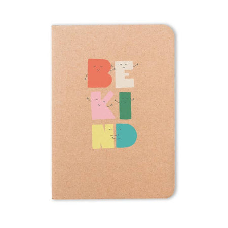 Brown kraft paper notebook with colorful chunky letters spelling, “BE KIND”. Letters have black smiley faces and arms.
