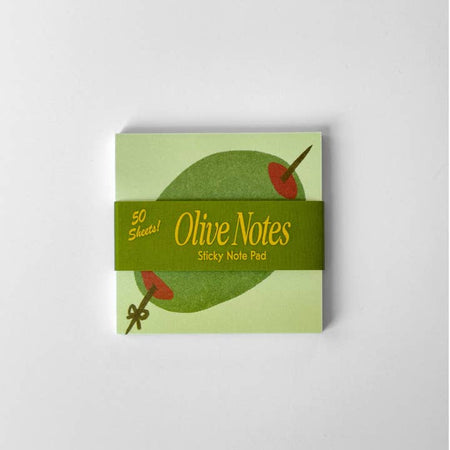 Sticky notes in the image of a green olive on a toothpick.