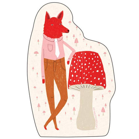 Sticker with image of a red wolf wearing a pink shirt and brown pants; leaning on a red mushroom. Muted red mushrooms scattered in background. 