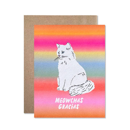 Card with gradient colored background with image of a white cat in center. White text saying, 