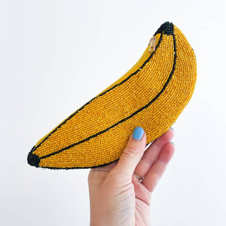 Beaded pouch with zipper in the image of a yellow banana.