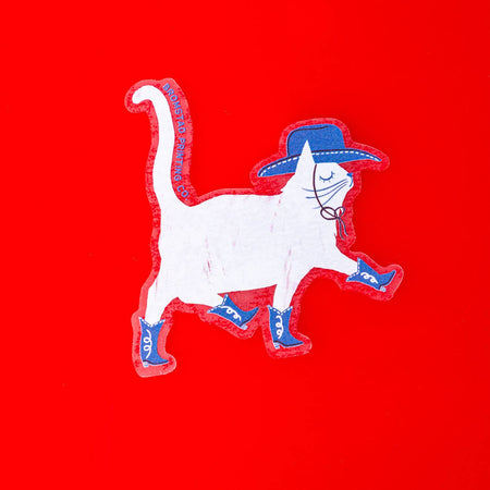 Sticker in the image of a white cat wearing a blue cowboy hat and blue cowboy boots.