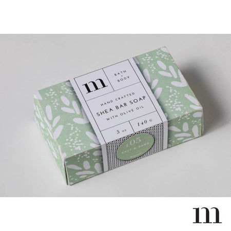 Salt & sage scented bar soap packaged in green and white floral patterned rectangular box.