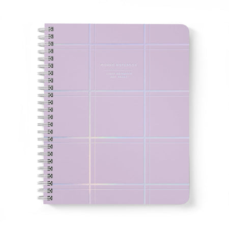 Purple cover with white square gridlines. Box in top center with white text saying, “Mondo Notebook Lined Notebook”. Silver coil binding on left side.