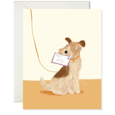 Tan card with image of a brown dog sitting holding a USPS white envelope in its mouth. A white envelope is included.