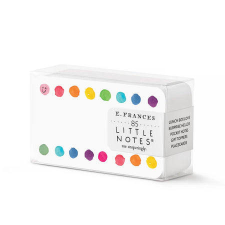 White small notecards with rainbow colored dots across top border and bottom border. Rounded corners.