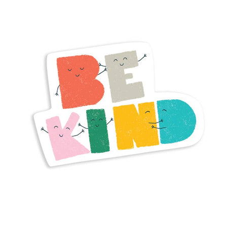 Sticker in the image of colorful chunky letters spelling, “BE KIND”. Letters have black smiley faces and arms.