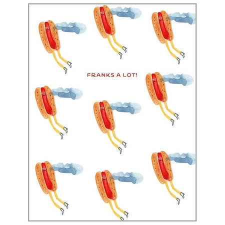 White card with red text saying, “Franks A Lot!” Images of blue clouds and floating hot dogs with legs in the sky. A matching envelope is included.