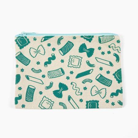 Tan rectangular pouch with images of a variety of shapes of pasta, all in a teal color. Blue zipper along top of pouch.