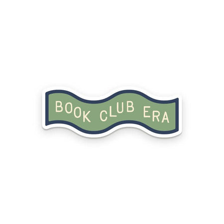 Green sticker with dark green border in the shape of a wavy banner with ivory text saying, 'Book Club Era