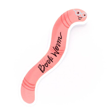 Sticker in the image of a pink worm with black text saying, “Book Worm”.