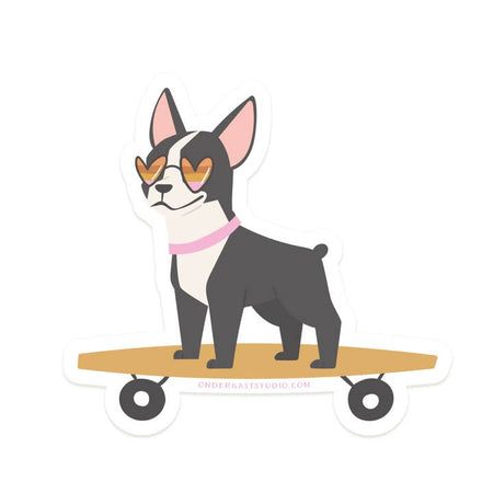 Sticker in the image of a black terrier dog riding a skateboard wearing a pink collar and heart sunglasses.